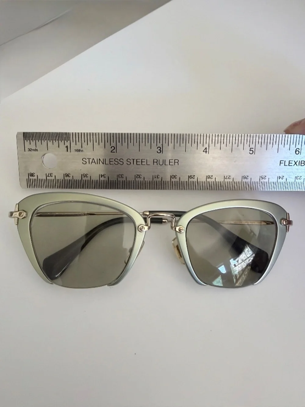 Miu Miu Sage Green Cats Eye Metal Frame Glasses Gold Hardware Modern Lightweight